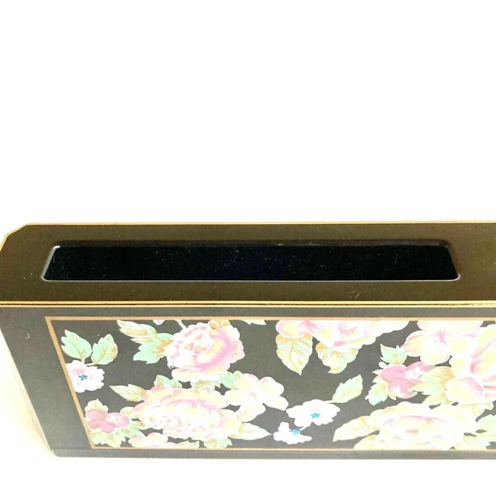 Vintage Otagiri Black Lacquer Peony Flower Pen Pencil Paper Holder Desk Set